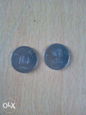Two Round Silver 10 Indian Paise Coins
