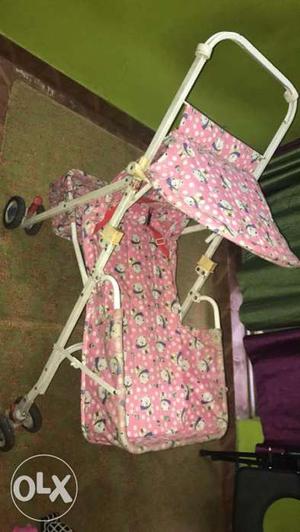 Baby's White Metal Frame Stroller With Umbrella