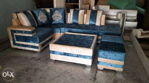 Blue And Brown Suede Sectional Sofa And Ottoman Sofa Set