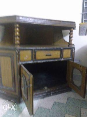 Brown And Black Wooden Tv Stand With Shelf And Cabinet