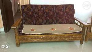 Brown Wooden Floral Padded Bench
