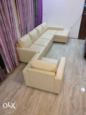 Leatherette Cream Sofa: Right Aligned 3 Seater +