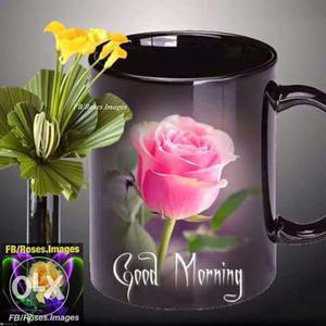 Pink Rose Print Black Ceramic Mug