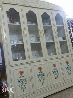 White, Red, And Blue Floral Wooden China Cabinet