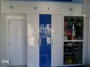White n blue wardrobe n soe unit with over head storage