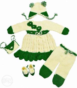 Baby's Beige And Green Knitted Top And Bottoms Set