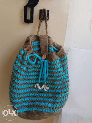 Blue And Dark-brown Knitted Bucket Bag