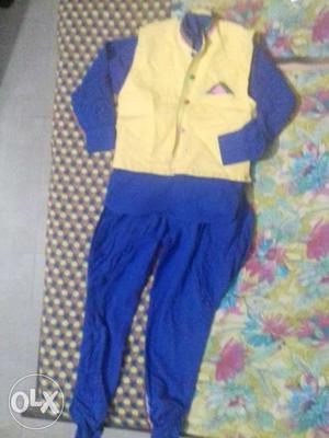 Boy's Blue Long-sleeve Shirt And Pants Set With Yellow Vest