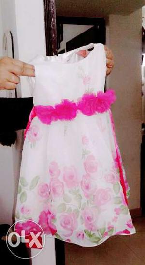 Girl's White And Pink Floral n a yellow neted Dress