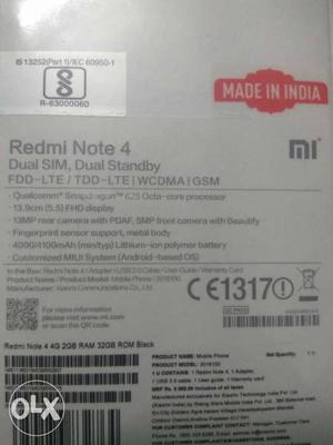 Redmi Note 4 Black Sealed Pack 2gb Ram +32gb Rom