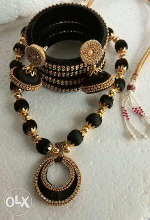 Black Thread Jhumka, Necklace And Bangles Set