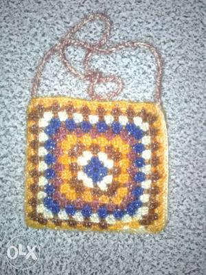 Brown, Orange, And Blue Crochet Sling Bag