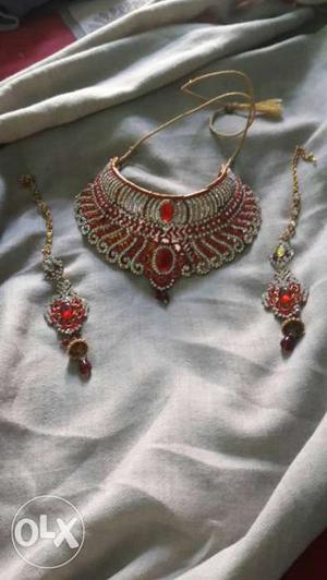 Gold Silver And Red Chandelier Necklace And Earrings