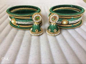 Green Jhumka Earrings And Two Green-and-white Silk Thread
