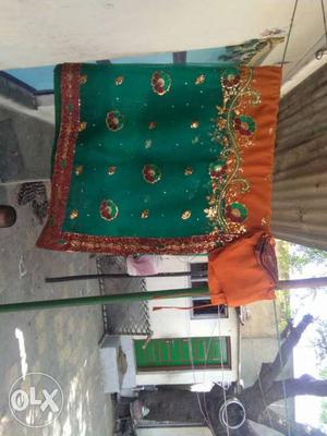 Green, Red And Orange Floral Sari