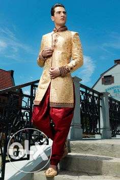 Men's Beige And Red Indo Western