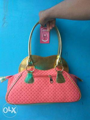 Pink And Gold Leather Hand Bag