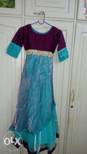 Purple And Teal Scoop Neck 3/4 Sleeve Dress
