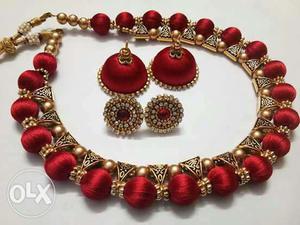 Red And Gold Thread Necklace And Pair Of Jhumkas Set