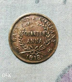 Round  Bronze Quarter Anna Indian Coin