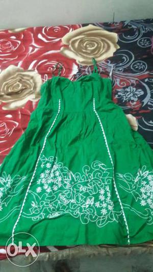 Women's Green And White embroidered Spaghetti Strap Dress