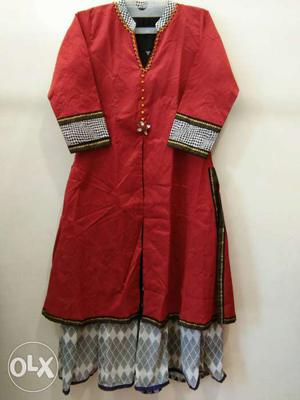 Women's Red And Gray Long Sleeved Dress