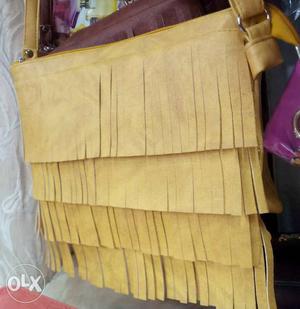 Women's Yellow Leather Fringe Crossover Bag