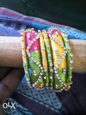 Yellow Pink And Green Silk Thread Bangles