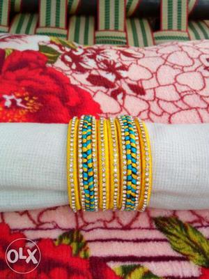 Yellow, Teal, And Grey Embellished Fabric Bangles