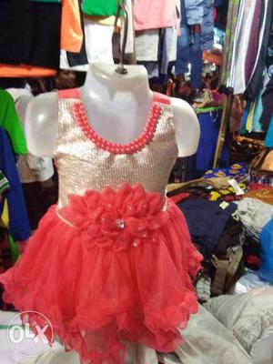 Girl's Brown And Red Sleeveless Dress