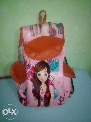 Girl's Pink,teal And Brown Leather Backpack