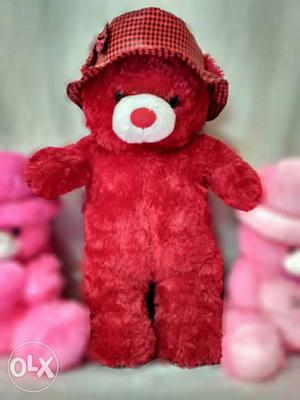 Red Bear Wearing Bucket Hat Plush Toy