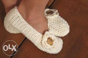 White Knitted Flats With Flower Accent