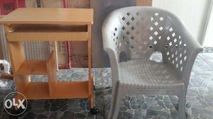 White Monoblock Armchair, Brown Wooden End Table