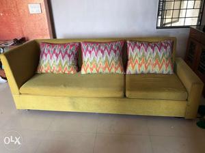 Yellow Fabric Sofa 2 set 3 seater each with dining table