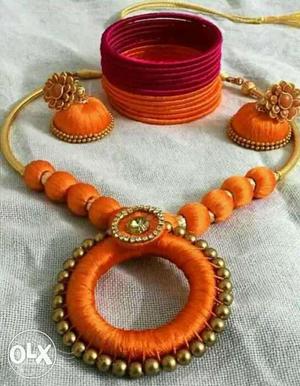 Brown And Grey Silk Necklace, Bangle And Pair Of Jhumka