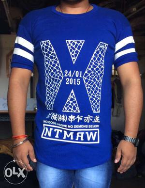 Men's Blue And White Crew Neck T-shirt And Blue Denim