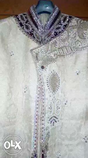 Beige And Purple Embellished Sherwani