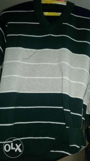 Black And Gray Stripes Print Polo Sweater