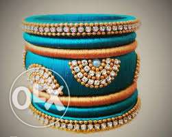Blue, Orange, And Diamond Embellished Silk Thread Bangles