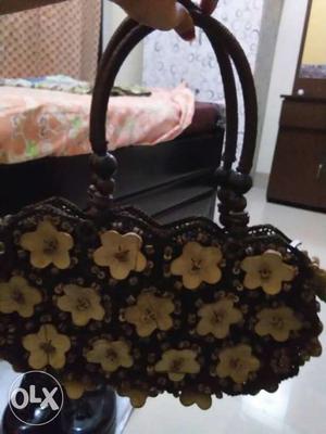 Brown Beaded Floral Handbag
