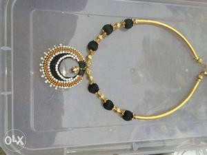 Gold, Onyx And White Beaded Ring Pendant Necklace