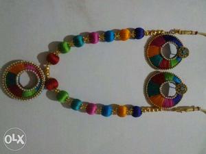 Orange Purple Blue And Green Beaded Necklace And Earrings