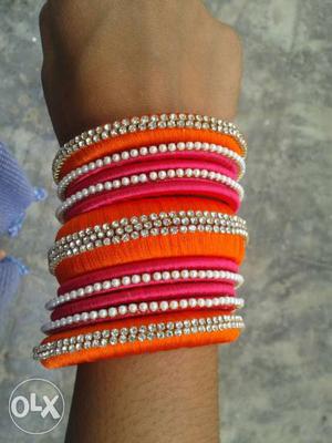 Orange-and-pink Silk Thread Bangle Bracelet