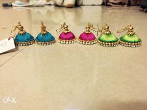 Pair Of Blue, Pink, And Green Jhumkas