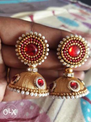 Pair Of Gold And Red Earrings