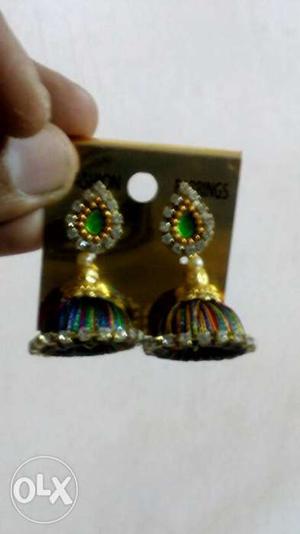 Pair Of Green-red-black Jhumka Earrings