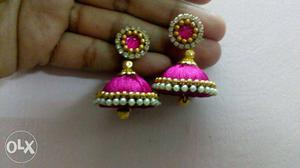 Purple And Gold-colored Jhumka Earrings