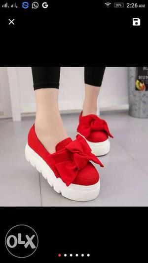 Red-and-white Leather Slip Ons
