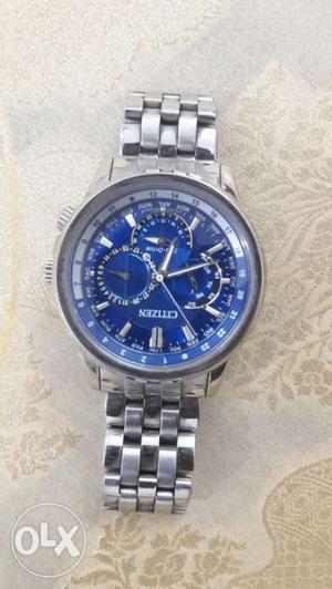 Round Blue Citizen Chronograph Watch With Silver Link Strap
